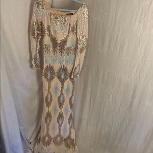 Glamorous Sequin Long Sleeve Dress in Cream and Brown